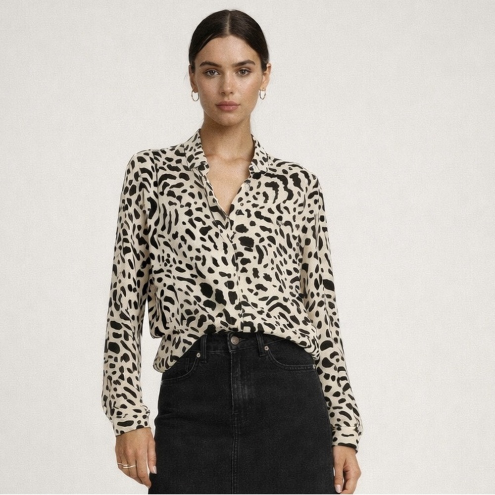 Reformation cream and black semi sheer animal print button front long sleeve. S